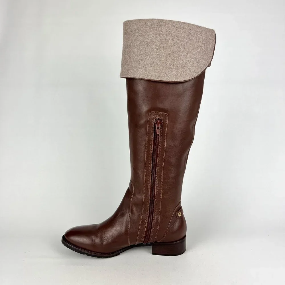 Talbots Womens Brown Leather Tall Over the Knee Boots Wool Cuff OTK size 6